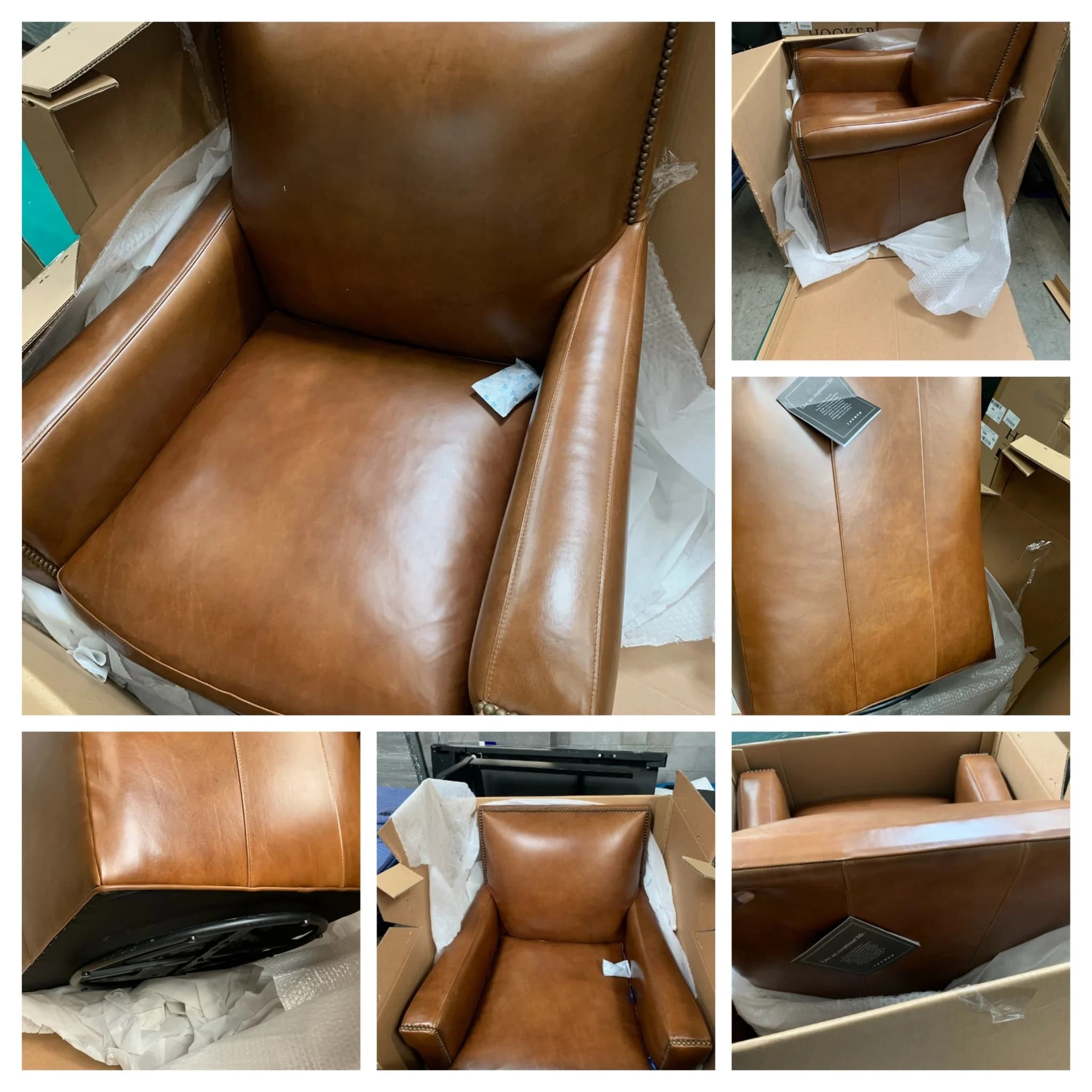 Caramel leather recliner collage showing repair results